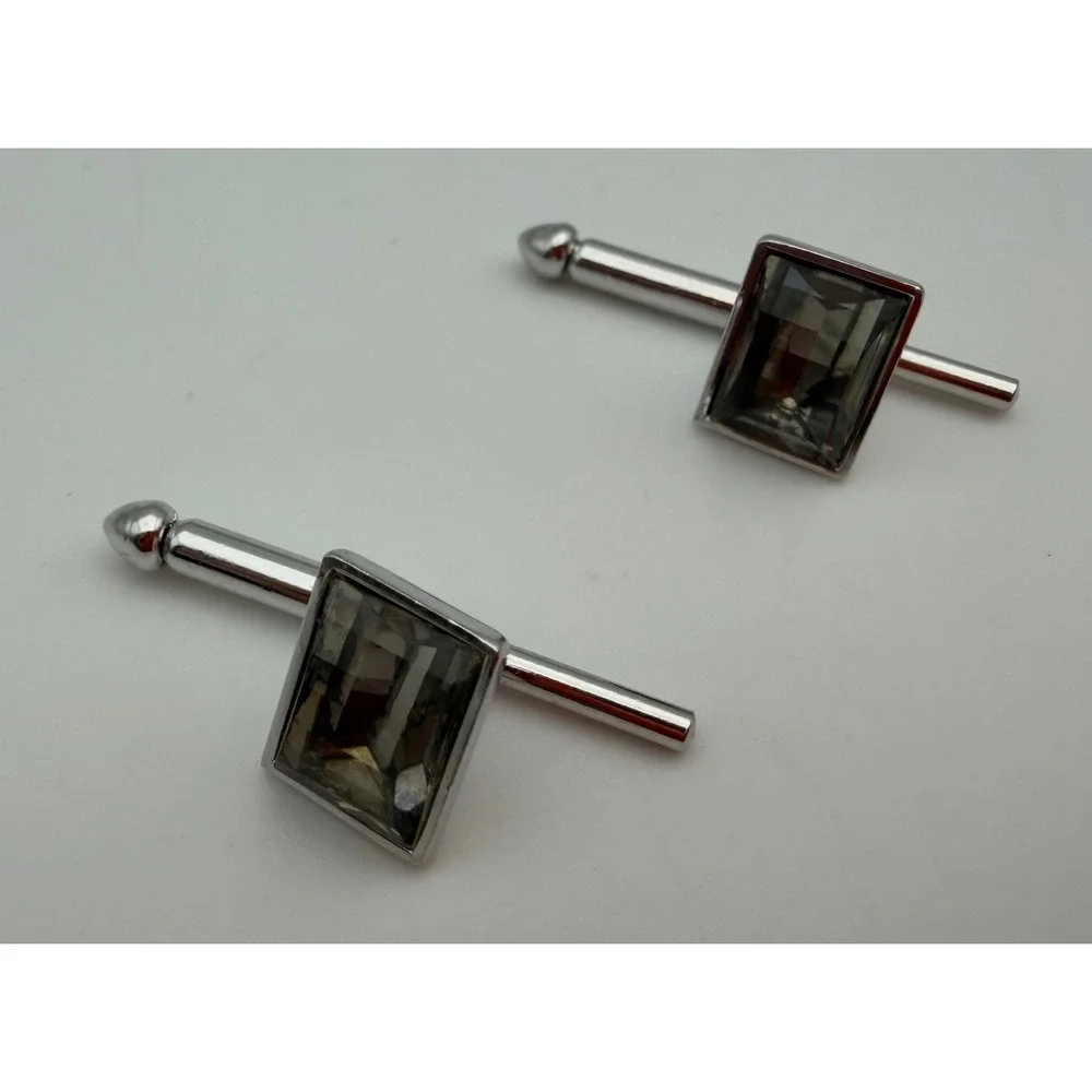 Vintage Silver Tone Smoky Grey Emerald Cut Crystal Fixed Bar Cufflinks Q011